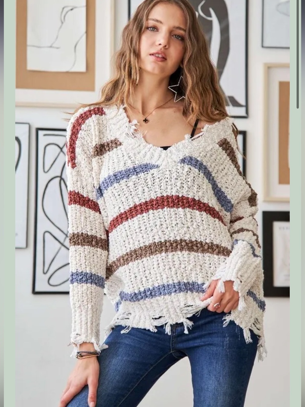 Adora Distressed Stripe Coastal Fisherman Knit Sweater